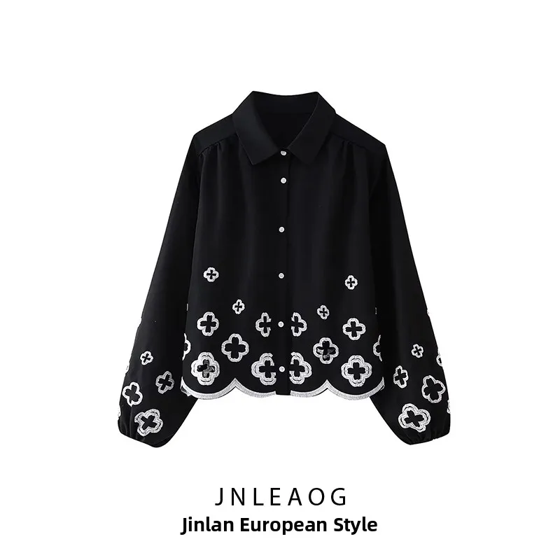 JNLEAOG Damska Bluzka z Haftowanymi Kwiatami, Jesienna Nowość, Elegancka, Do Pracy, Modny Design, Oddychająca, Poliester, Długa S...