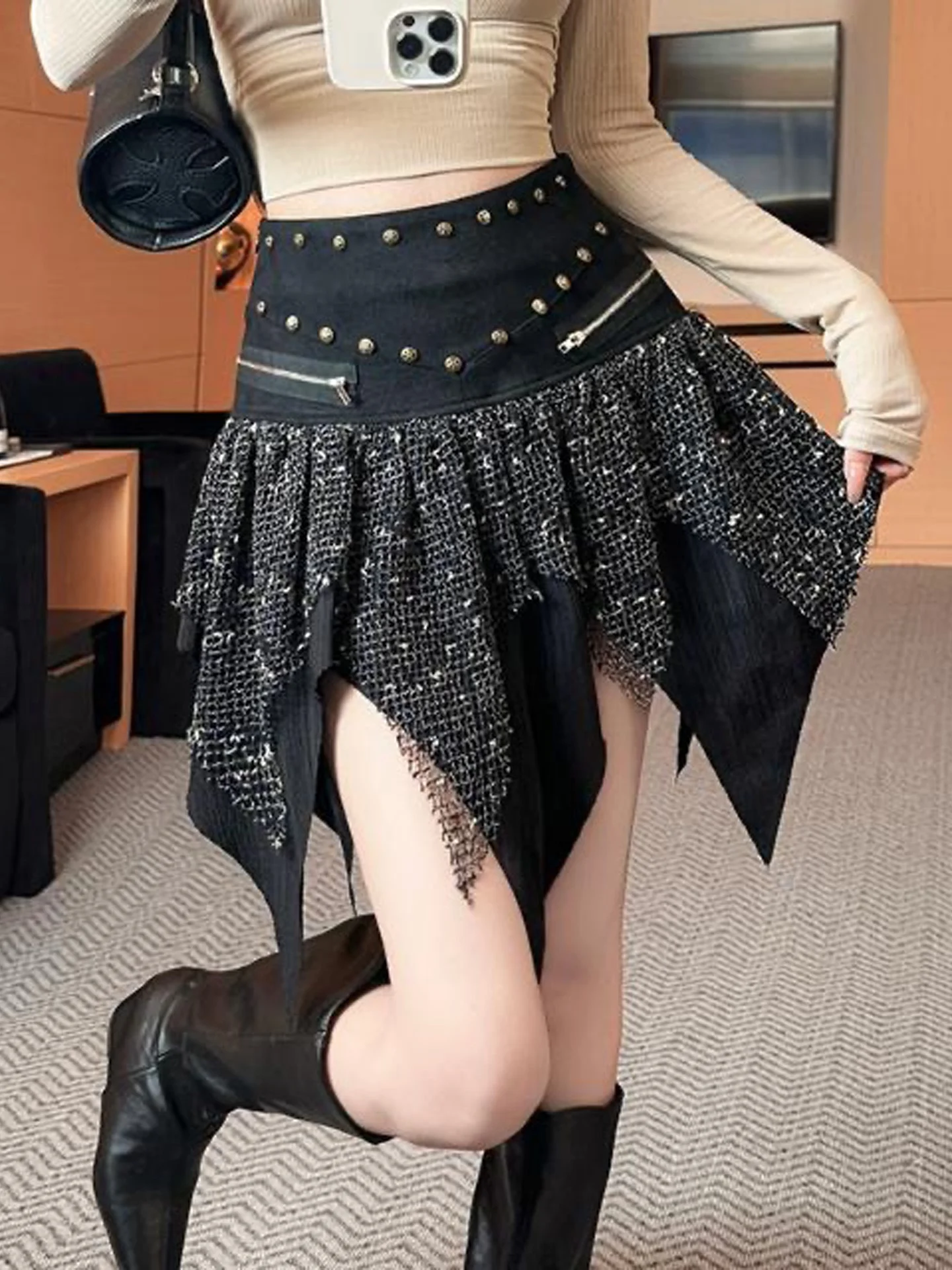 Trendy Half-length Asymmetrical Suede  Skirt for Women Spring Autumn New Style High Waist Commuter Style Zipper Closure