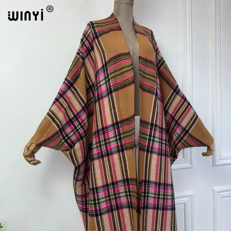 WINYI nowa sukienka kimono maxi caftan dla kobiet kardigan nadruk w szkocką kratę przyjęcie sukienka z peleryną świąteczne kimono moda abaya długi