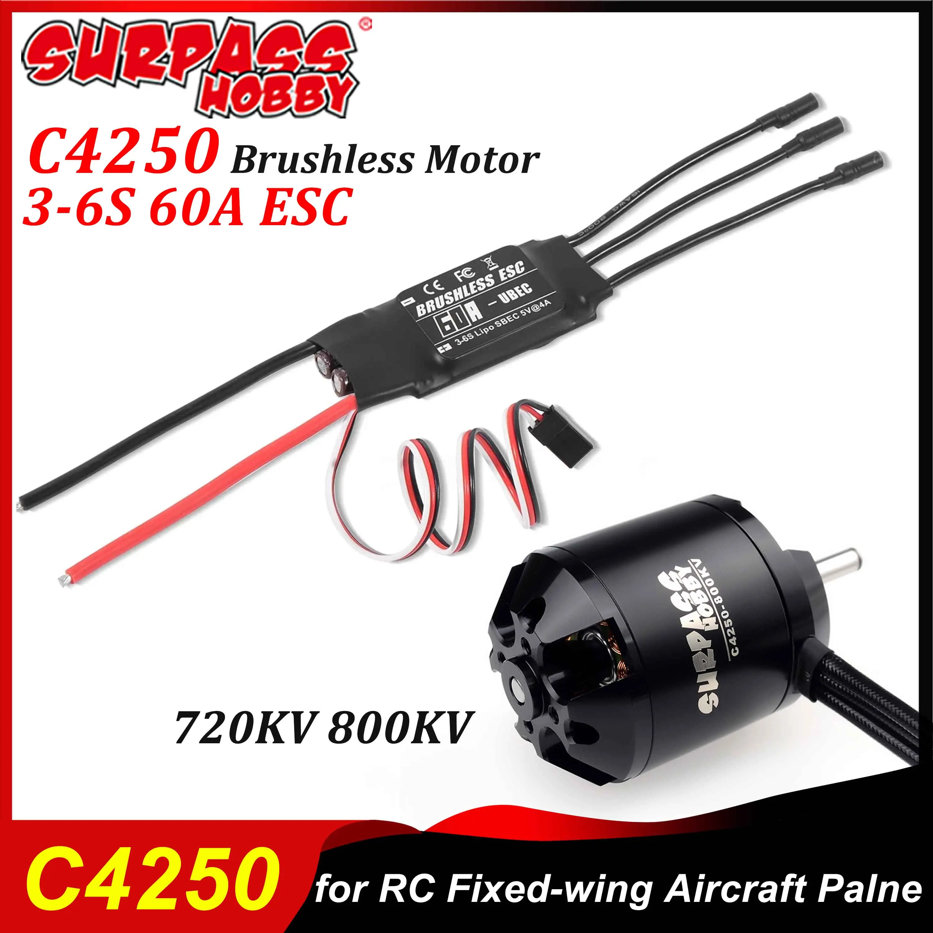 

Surpasshobby C4250 4250 Outrunner Brushless Motor 3-6S 60A ESC 720/800KV for RC Fixed-wing Aircraft Palne Helicopter Multicopter