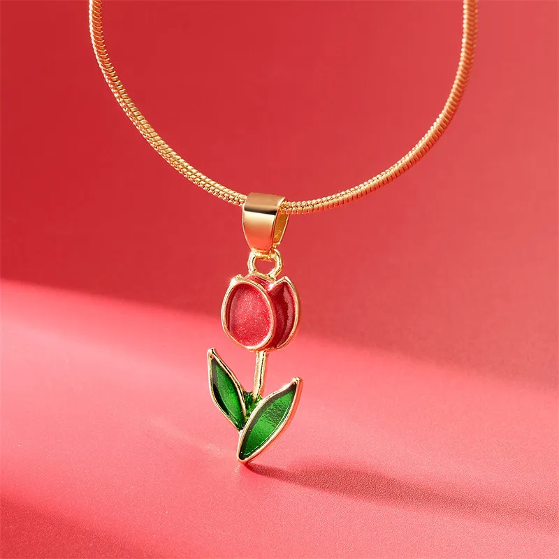 Vintage elegante Emaille-Halskette mit Tulpenblüten-Anhänger für Damen, modische Accessoires für junge Persönlichkeiten, Schlüsselbeinkette, Choker. – Detail 16
