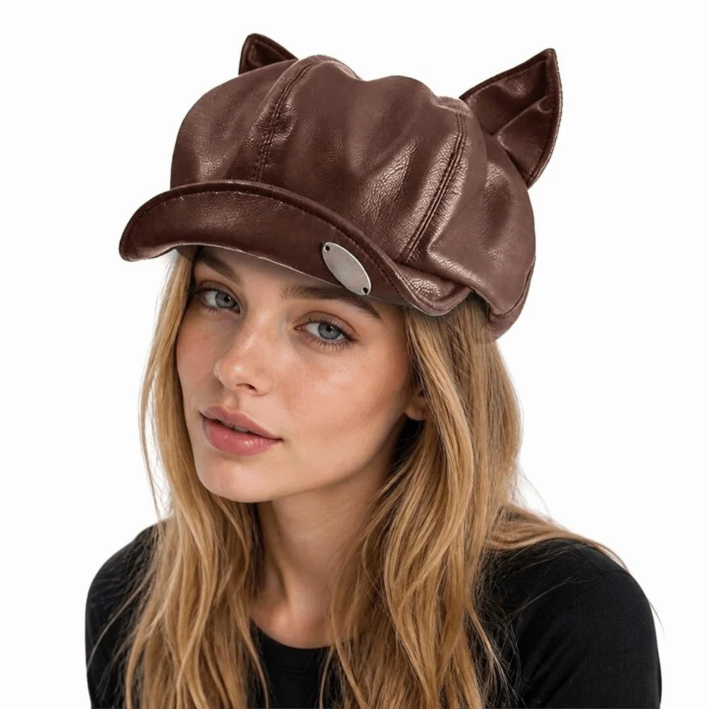 Elegant PU Leather Cat Ear Beret Black/Coffee Cute Ear Design Leather Beret Hat Retro Style Newsboy Cap For Women Girls