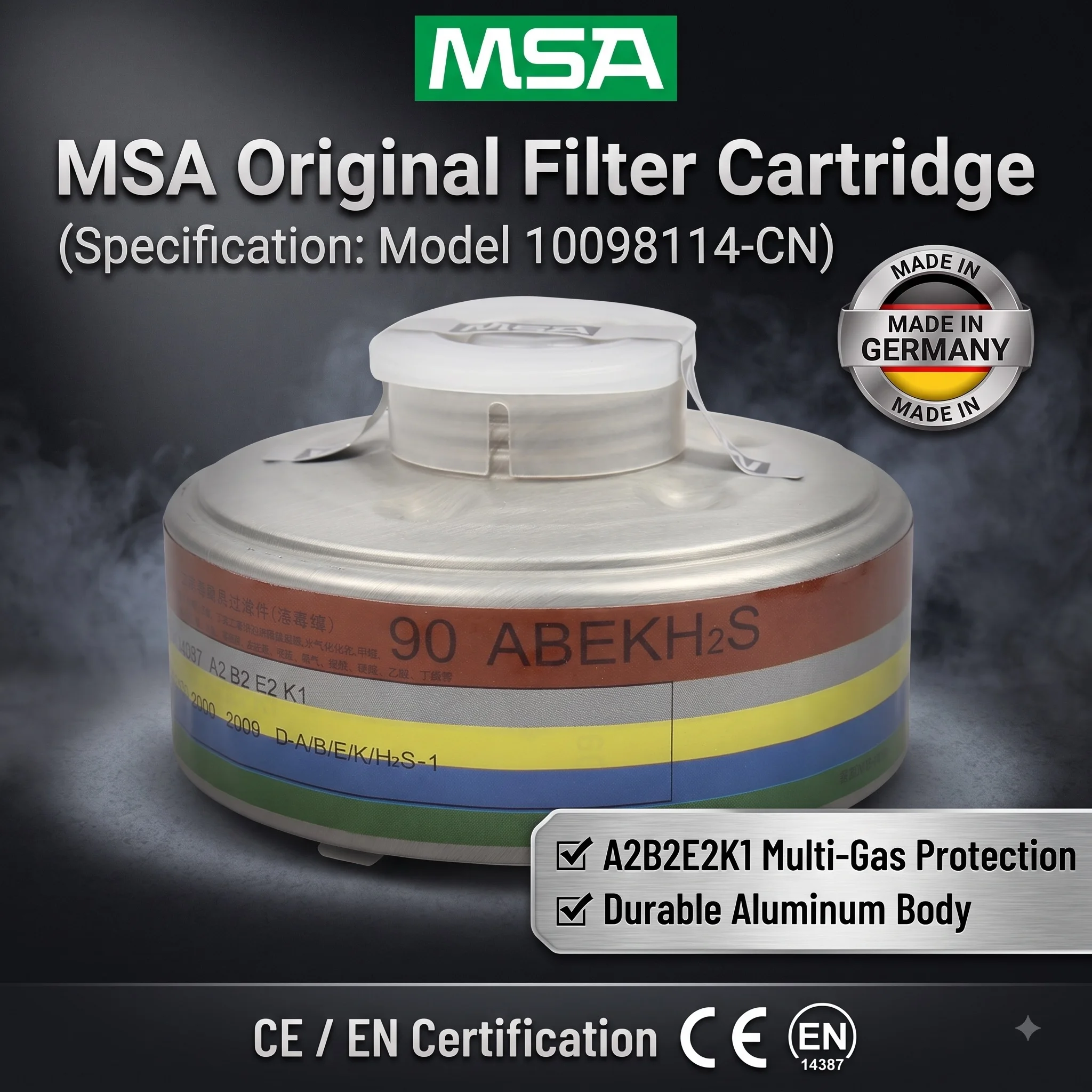 MSA 10098114-CN 90ABEK Gas Filter RD40 Thread A2B2E2K1 Respirator Cartridge Aluminum Durable Safety Mask Filter Canopy
