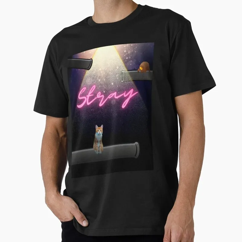 Stray Video Game Cat Graphic T‑Shirt O‑Neck Short Sleeve Unisex Tees Cyberpunk Stray Cat Print Casual Streetwear For Gamer Fans