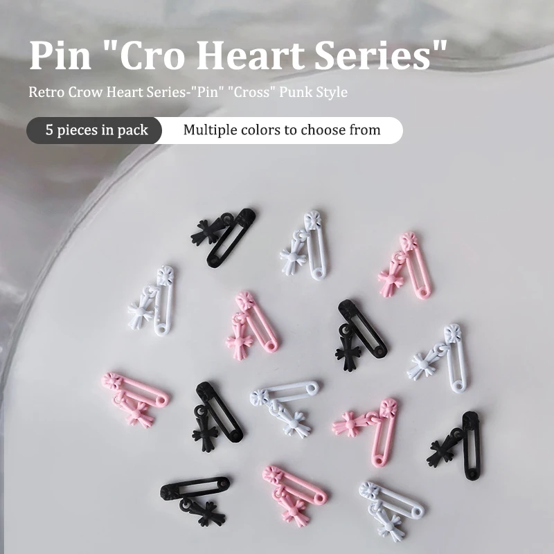 5Pcs Nail Charm 3D Mini Metal Retro Cross Nail Art Decoration DIY Punk Three Colors Paper Clip Shape