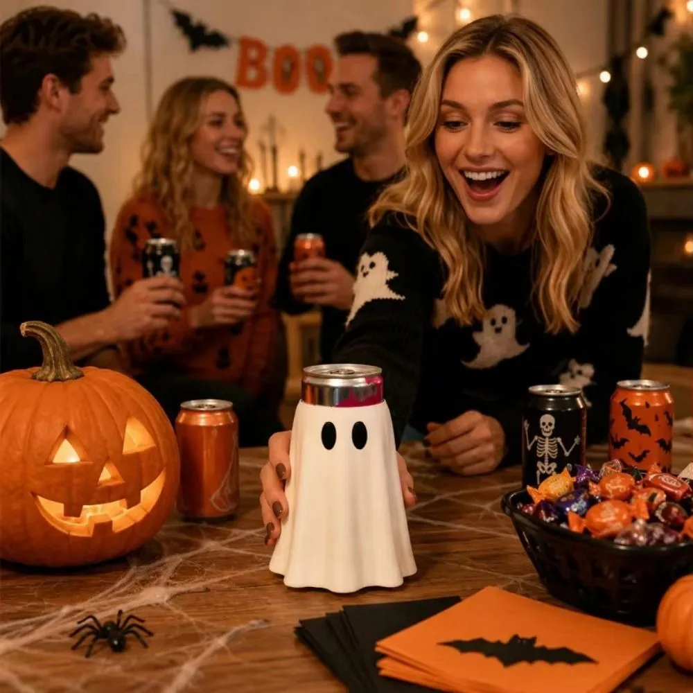 3D Printed Halloween Ghost Can Sleeve Spooky Shaped Reusable Halloween Ghost Can Holder Insulated 8/12/16 Oz Ghost Can Cozy