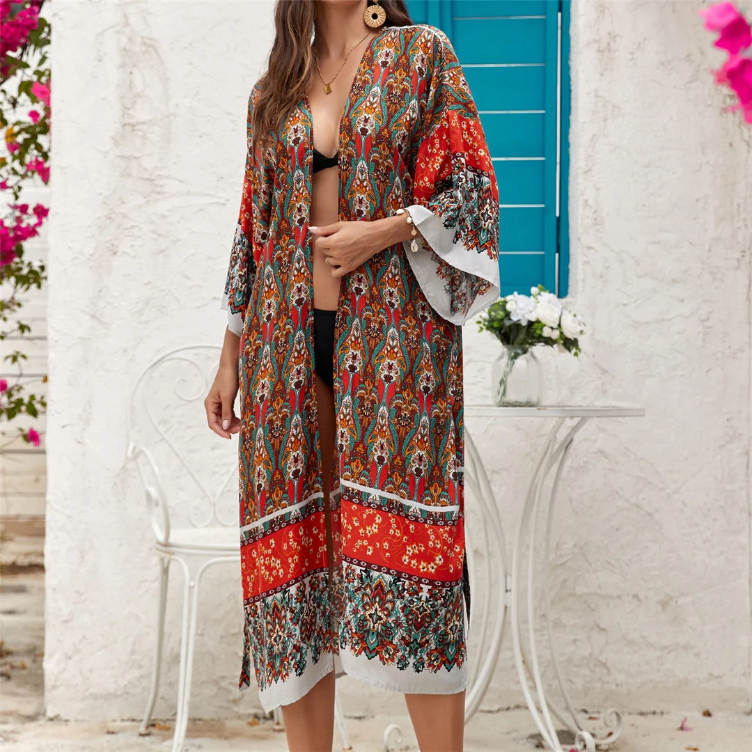 Bedrucktes, langärmeliges, gehäkeltes Strick-Cardigan-Tunika-Strandkleid, Strandmode, Strandbekleidung, Strand-Cover-up, Damen V7203 – Detail 3