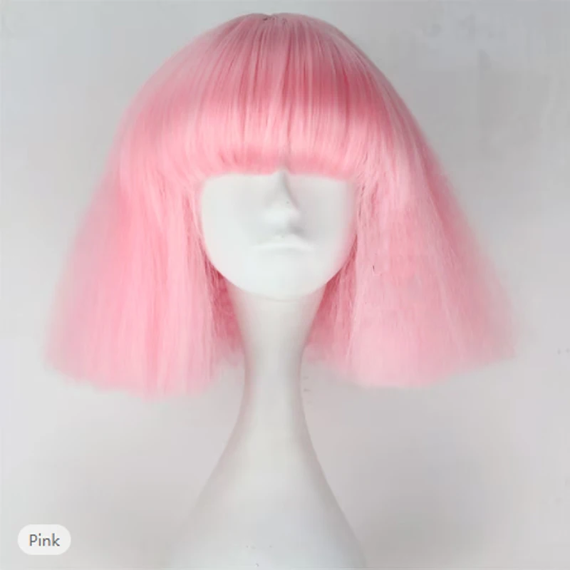 HAIRJOY Wig Cosplay Lady Gaga, Wig rambut sintetis lurus Bob pendek coklat gelap perak abu-abu pirang gelap merah muda hijau pirang hitam