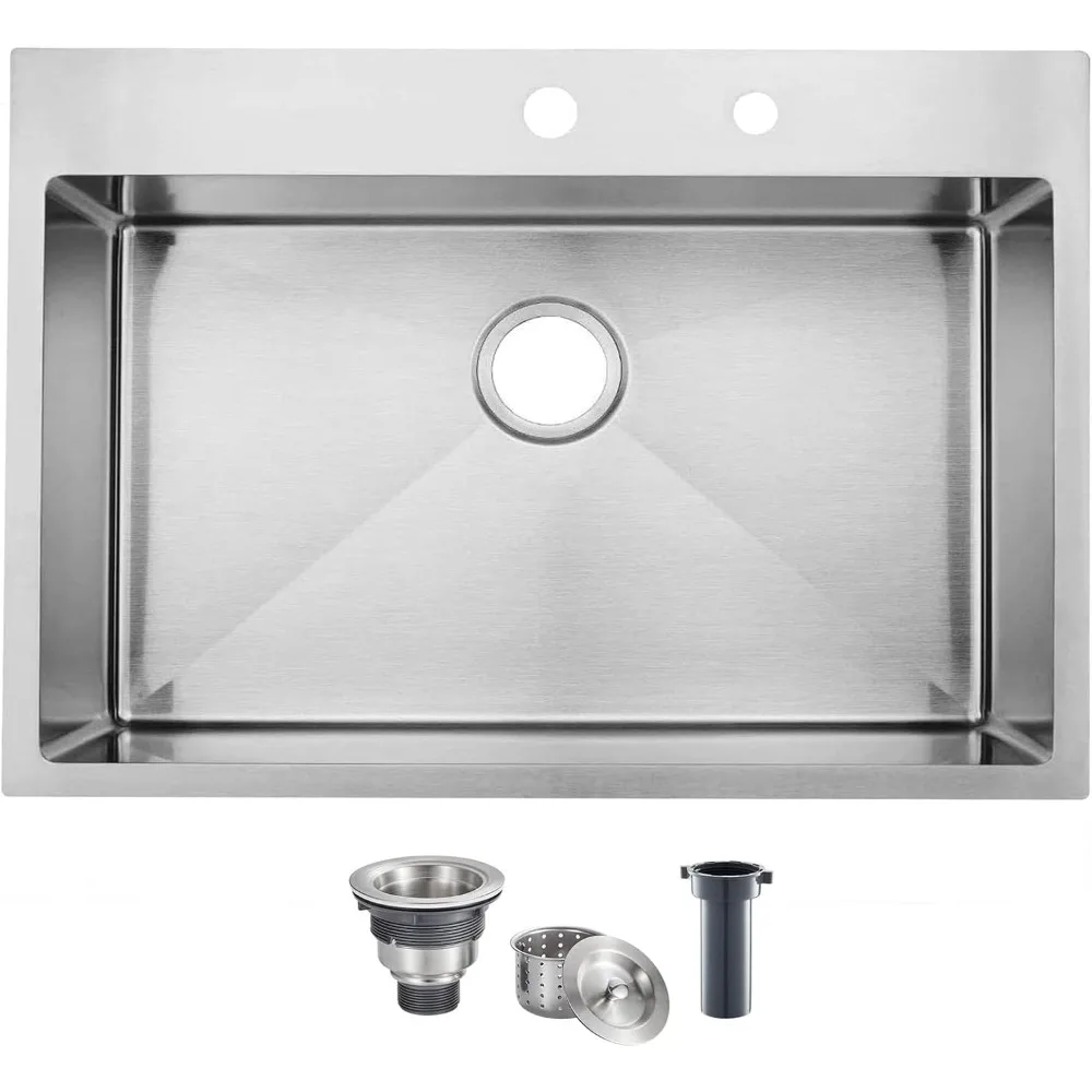 

33 x 22 inch drop in stainless steel kitchen sink, single bowl 16 gauge top mount sink handmade 9 inch Deep Kitchen Sinks