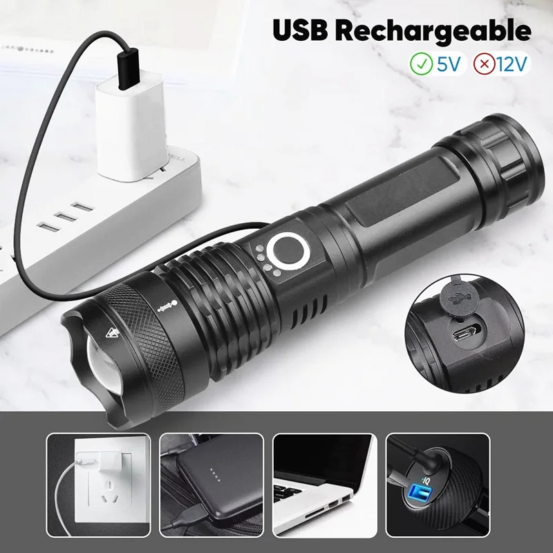 High Lumen XHP50 LED Flashlight Telescopic Zoom Focus Flashlights Waterproof Torch Rechargeable Flashlight for Camping Adventure