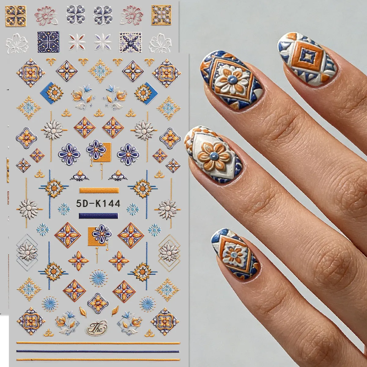 2 Stück europäische Retro-Fliesen, Muster-Stickerei-geprägte Nagelkunst-Aufkleber, geprägte Nagelkunst-Aufkleber, 5D-Aufkleber mit lockigem Grasmuster