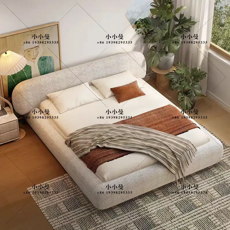 Cotton and linen fabric hug bed modern simple cream style double master bedroom wedding bed large flat