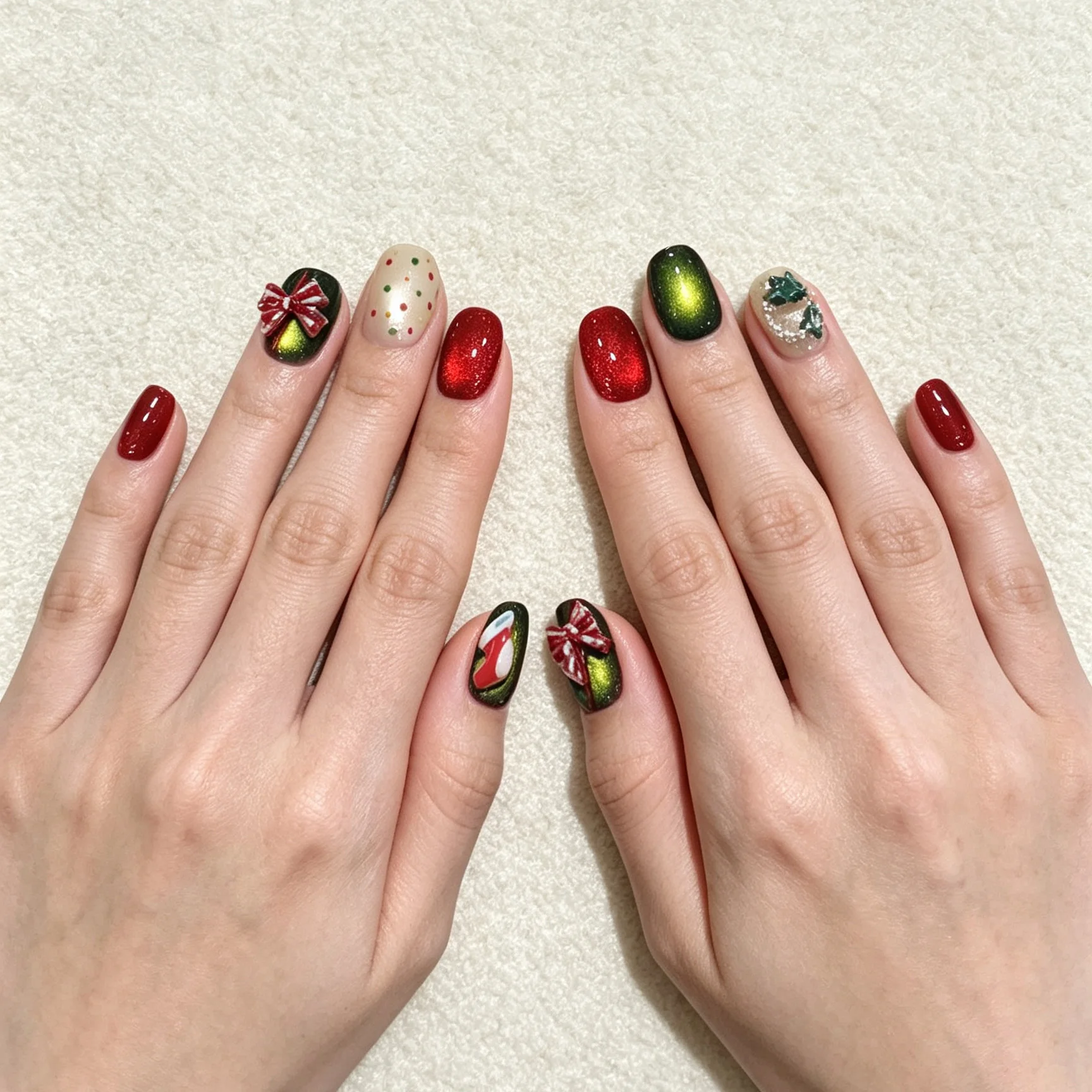 10PCS 3D Handmade Cat Eye Christmas Press On Nails, Cute Xmas Sock Bow Bell False Nails, Glitter Holiday Nail Decor