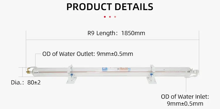 Manufacturer  Top manufacturer Yongli R9 Mature and Stable Process CO2 Glass Laser Tube, 140w-160w, Length 1850mm Diameter 80mm