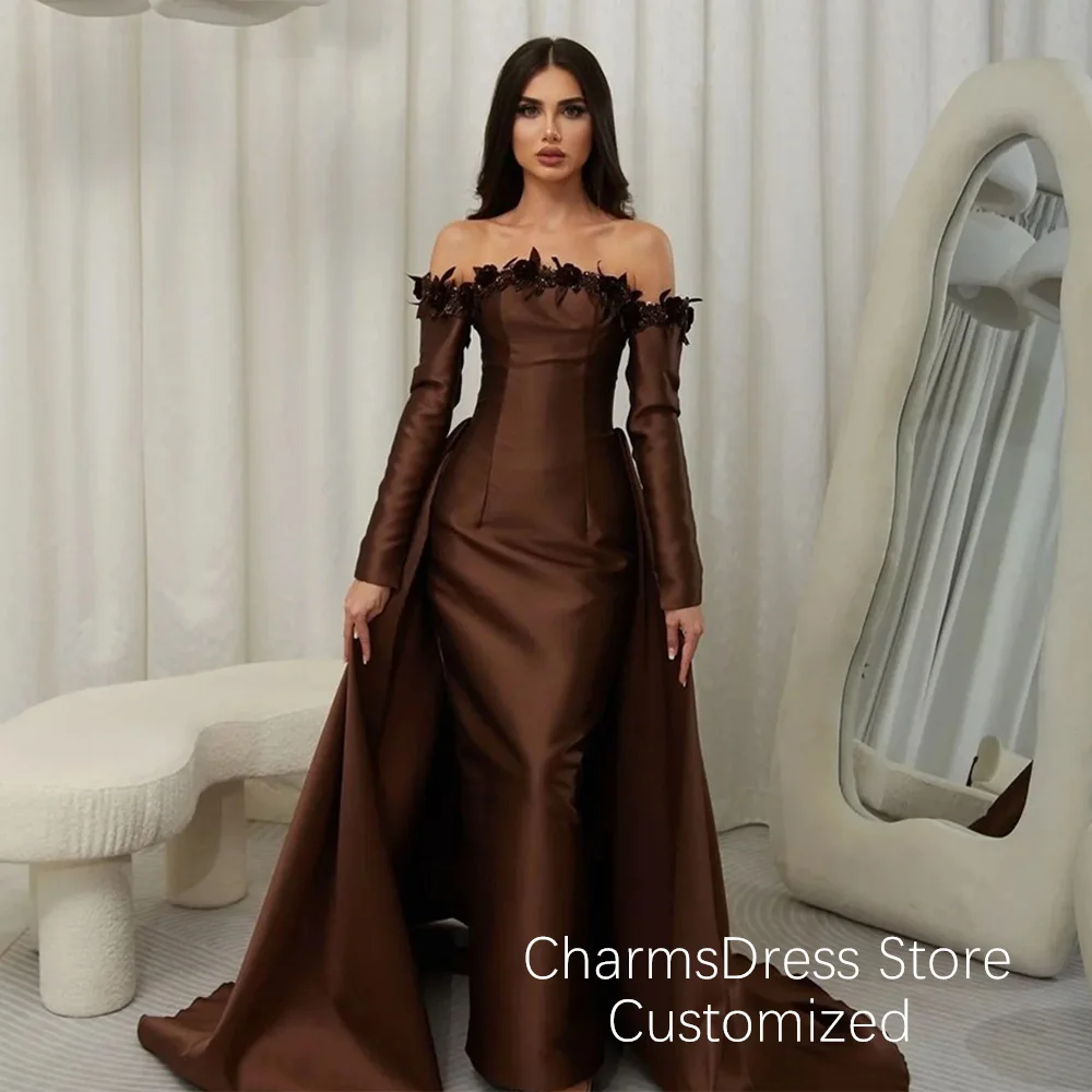 Arabic Prom Dress Detachable Long Sleeves Customized Flowers Beading Saud Arabian Satin Evening Gown Woman فساتين سهرة