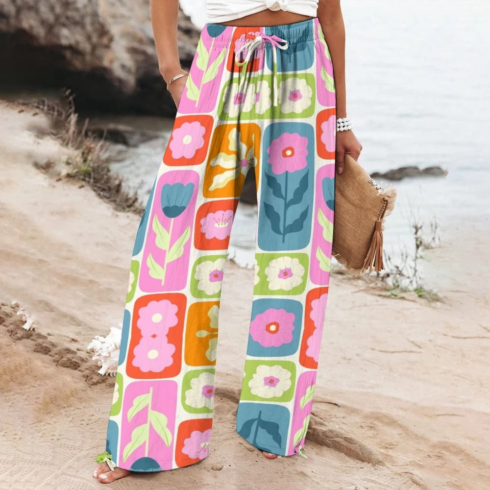 

New 3D Floral Print Women's Wide-leg Pants Drawstring Relaxed-Fit Casual Comfortable Breathable Fashionable Wide-Leg Pants