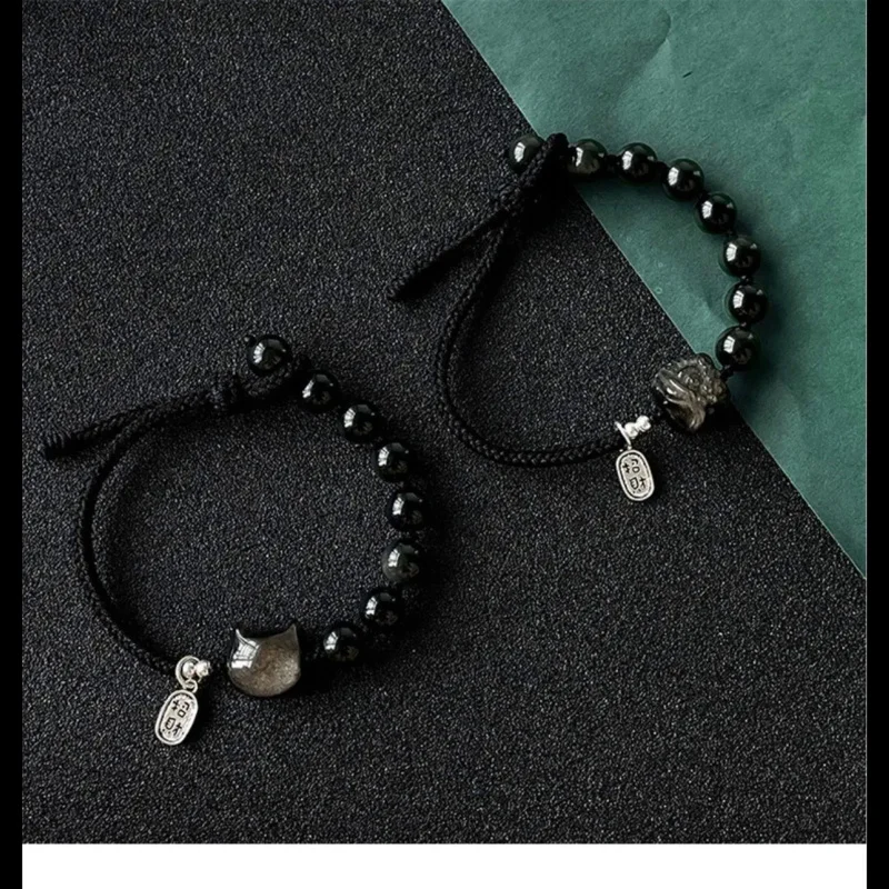 Pulsera de obsidiana de plata Natural, cuerda tejida del despertar del león, cuerda de mano de gato, nicho de lujo ligero, cadena de mano delicada para amantes