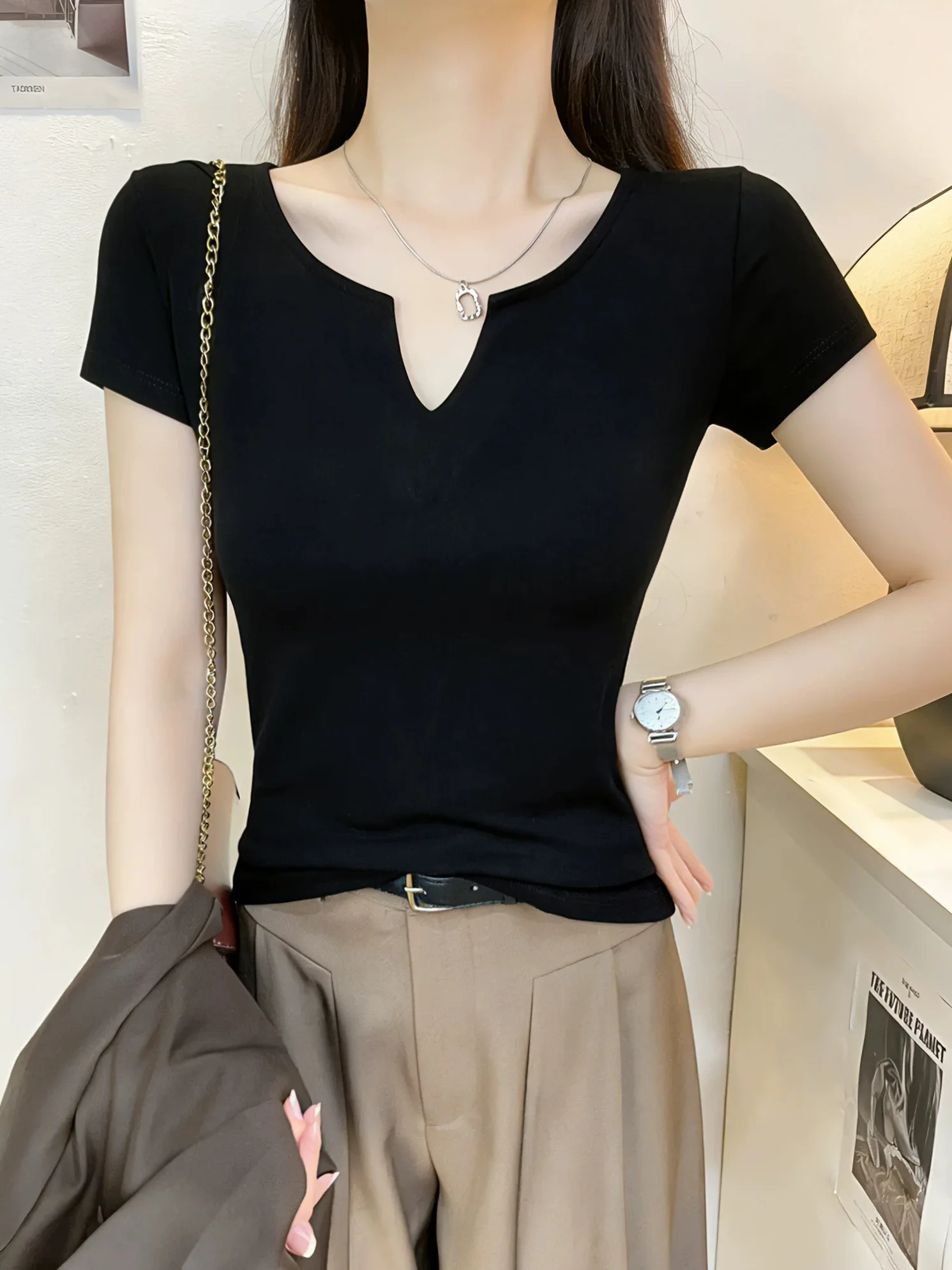 Slim Fit Short Sleeve T-Shirt Women's Summer Large Size Fat MM Low Collar Base Shirt Weight Loss  Color Versatile Top
