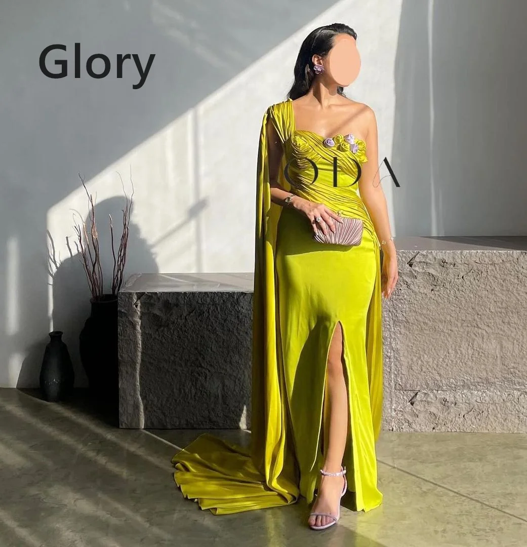 Flowers Strapless Prom Dresses Gala One Shoulder Evening Dress Yellow Applique High Side Split Saudi Arabia Formal Party Dress