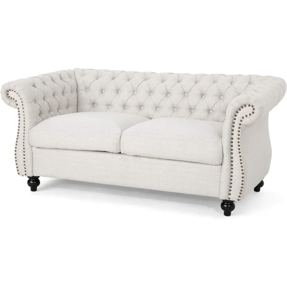 Karen Traditional Chesterfield Loveseat Sofa, Beige and Dark Brown, 61.75 x 33.75 x 27.75