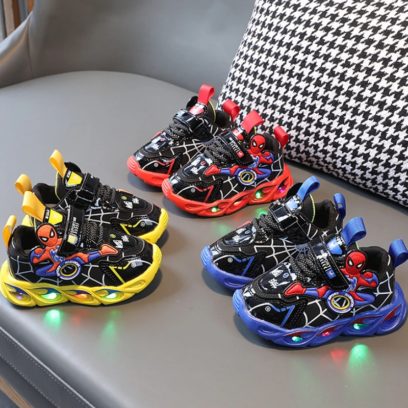 Disney Children\'s Sneakers Boys Cartoon Spiderman Led Light Sport Shoes Student Shoes Hook Anti-slip Kids Outdoor Shoes