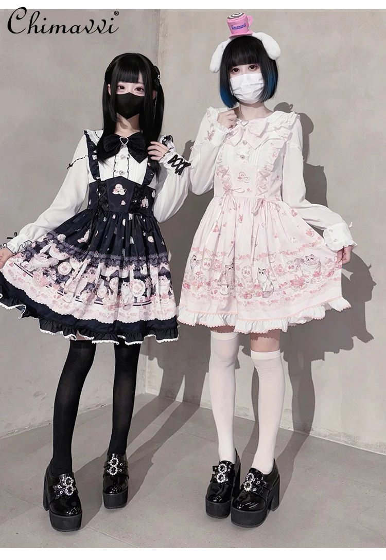 Original nova primavera verão bonito impressão de manga curta lolita op vestido japonês doce menina produzido em massa kawaii arco vestidos curtos
