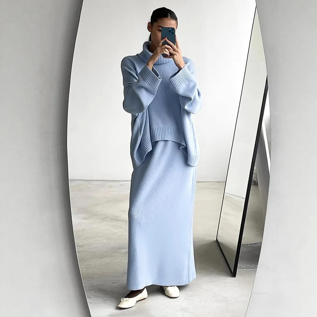 Women's Autumn Winter Knitted Turtleneck 2-Piece Set Sweater Skirt Loose Solid Color Casual Warm Knit Outfit