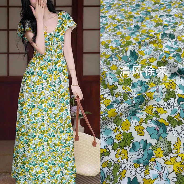 Green & Yellow Watercolor Floral Print Silk Stretch Crepe De Chine Fabric Mulberry Silk Material for Dresses 140cm wide blouse