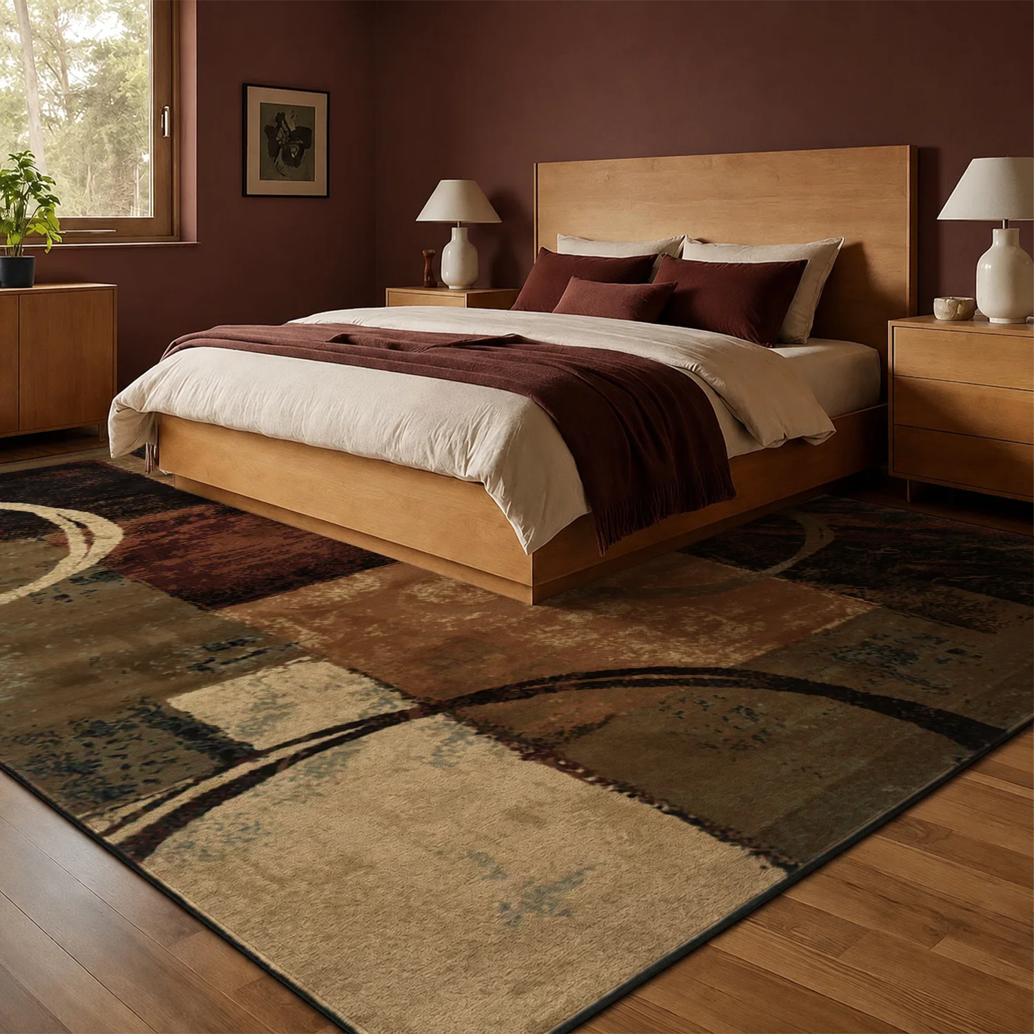 Large Indoor Area Rug, Soft Velvet Low Pile Rug with Non-slip Dotted Backing, Machine Washable Abstract Geometric Circles Blocks Rug, Earthy Brown Beige Modern Rug for Living Room Bedroom Entryway