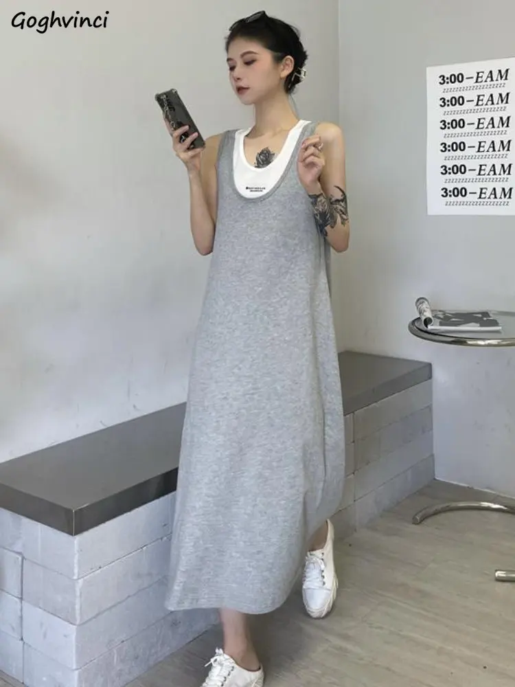 Two Pieces Sets Women Sporty Korean Style Casual Loose Basic Vintage Sleeveless Tanks Solid Dresses All-match Chic Temperament