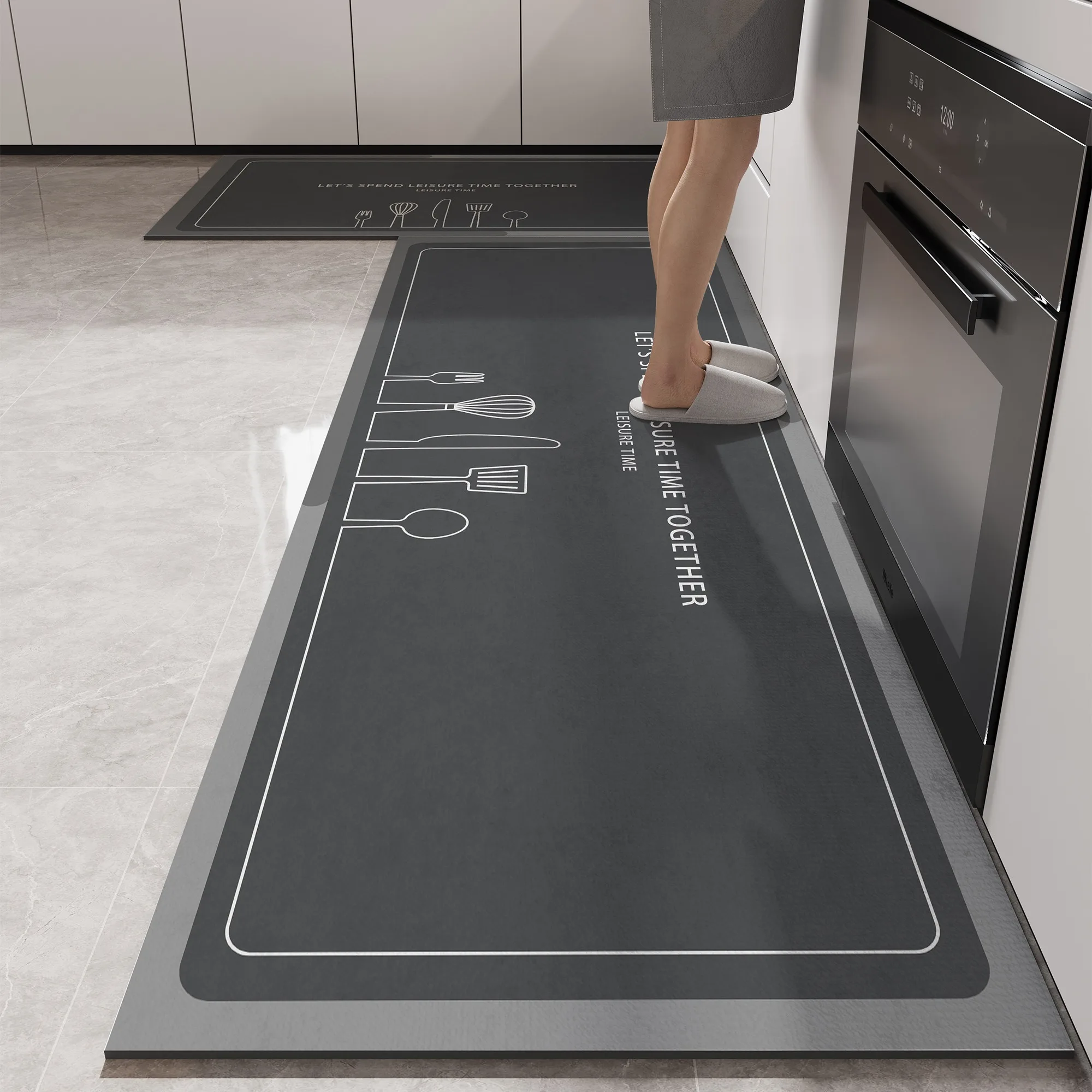 

Kitchen Floor Mat Black Tableware Pattern Carpet Home Decor Waterproof Oil-proof Leather Non-slip Area Rug Alfombra De Cocina