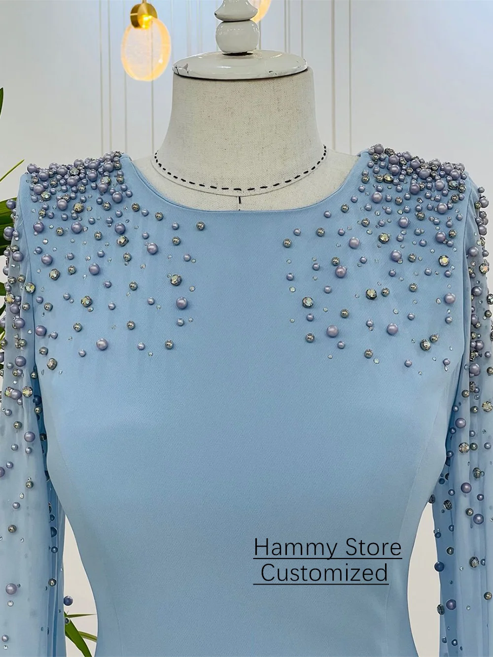 Abito da sera arabo personalizzato Abito da ballo Elegante girocollo maniche lunghe Perle Perline Abiti da festa arabi sauditi