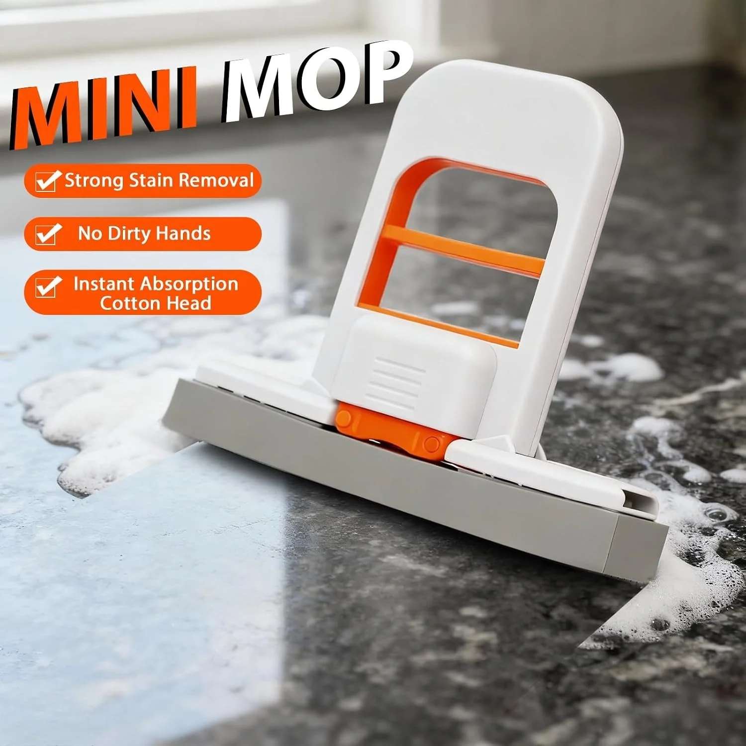 Self Squeezing mini Mop, Wet Dry Dual-Use Cleaning System, Foldable desktop Mop, One Handed Squeezing Handle, and Replaceable He