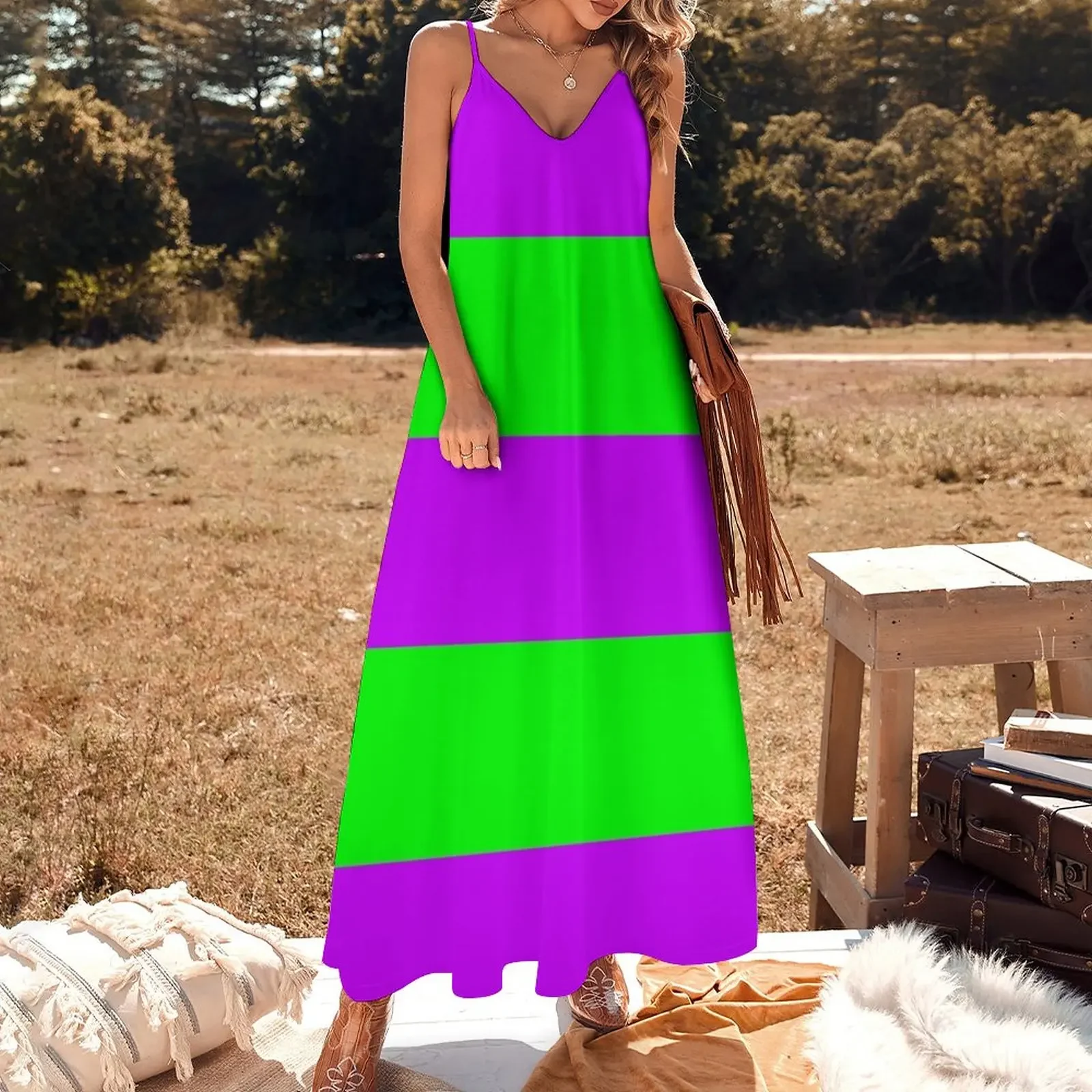 Vestido de novia de neón púrpura y verde con rayas horizontales anchas #2, vestido sin mangas, ropa elegante para invitados, ropa femenina