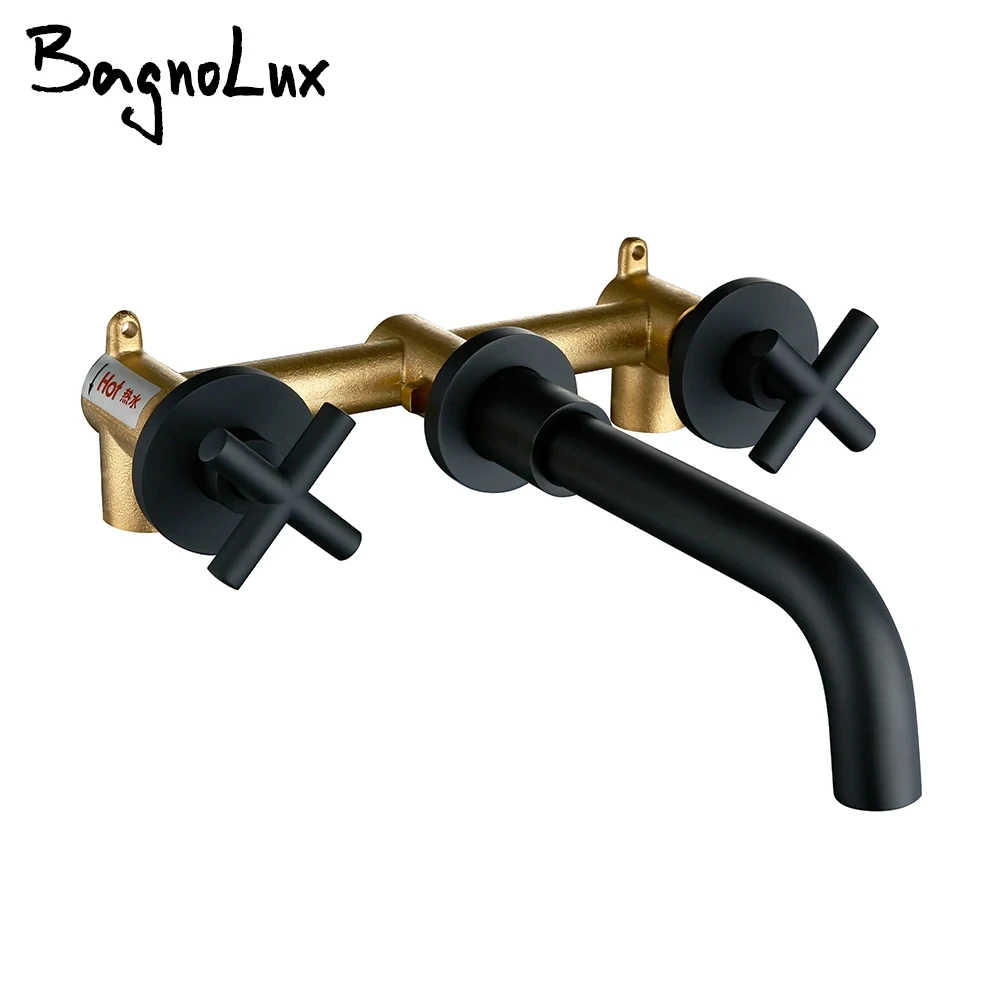 

Basin Faucet Hot And Cold Double Handle Wall Mounted Sink Tap Matte Black Bathroom Faucet Basin Mixer Brass Bracket