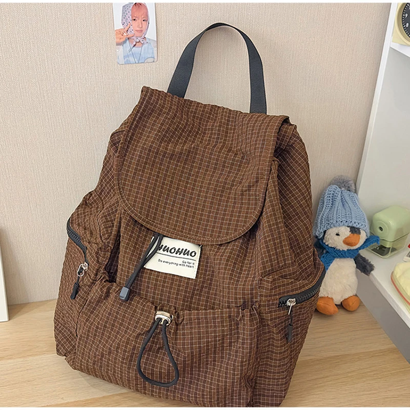 Modischer Rucksack, koreanischer Karo-Rucksack mit Kordelzug für Studenten, Unisex-Schultasche, leichter Damenrucksack mit großer Kapazität – Detail 6