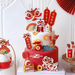 8pcs 2025 Happy Chinese New Year Cake Topper Dragon Year Lion Dance Cake Decoration Spring Festival Christmas Gift Cake Supplies
