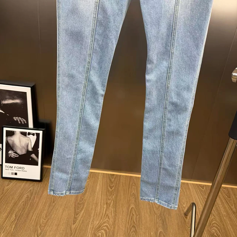 KBQ Lower Fork Iron Ring Installation Slimming Jeans for Women High Waist Temperament Patchwork Pockets Chic Pant Female Style