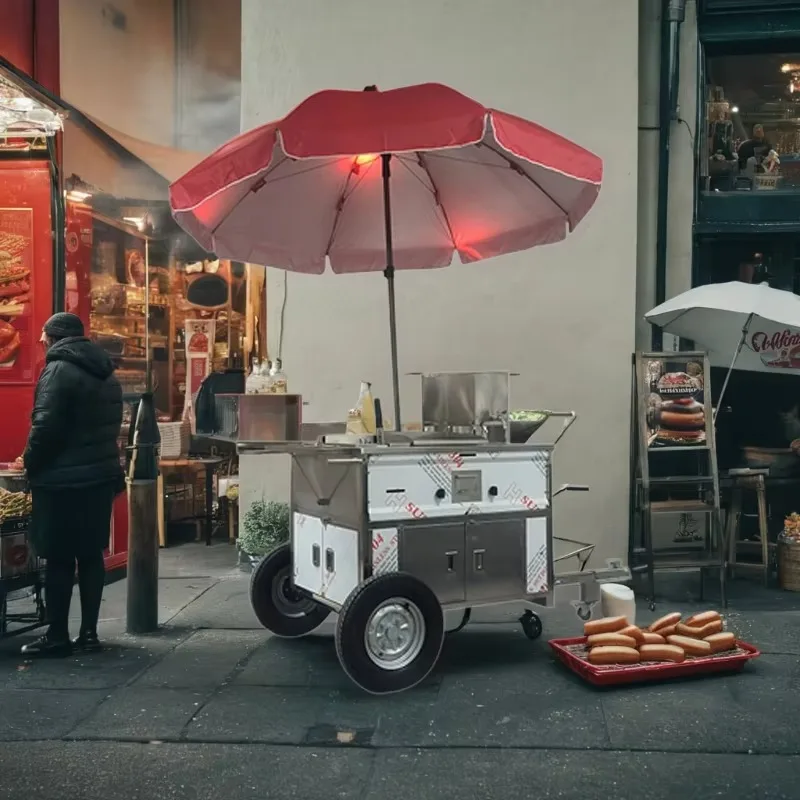 Outdoor Wheeled Food Vending Trolley Towable Hot Dog Cart Multifunctional Cart For Street Vendor Burger Barbecue Customized
