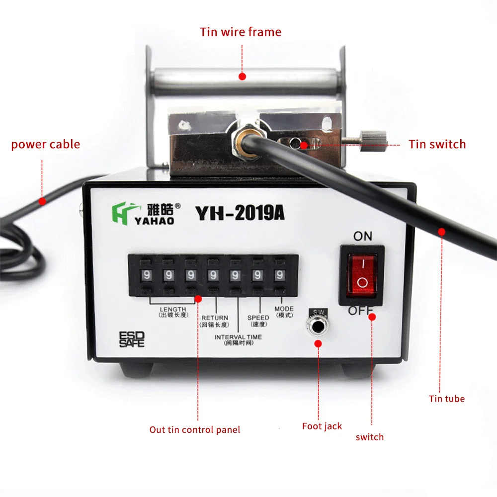 เครื่องให้อาหารดีบุก YH-2019A เครื่องบัดกรีอัตโนมัติ Threading Circuit Board เชื่อมเครื่อง Foot-out