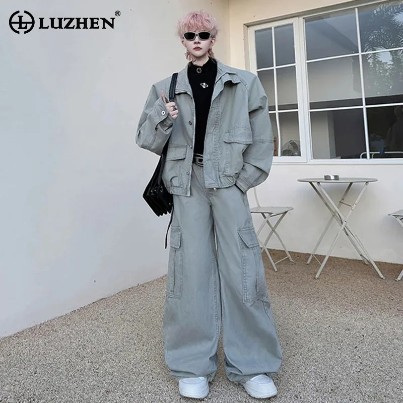 

LUZHEN Fashion Streetwear Solid Color Two-piece Sets Men Autumn New Pockets Decorate Cargo Casual Pants Loose Jacket Male JY4503