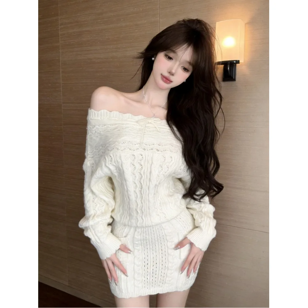 Korean Chic Lazy Style Vintage Twist Knot One Shoulder Knitted Short Skirt Two Piece Set Bodycon Fit Casual Fashion Set for W...