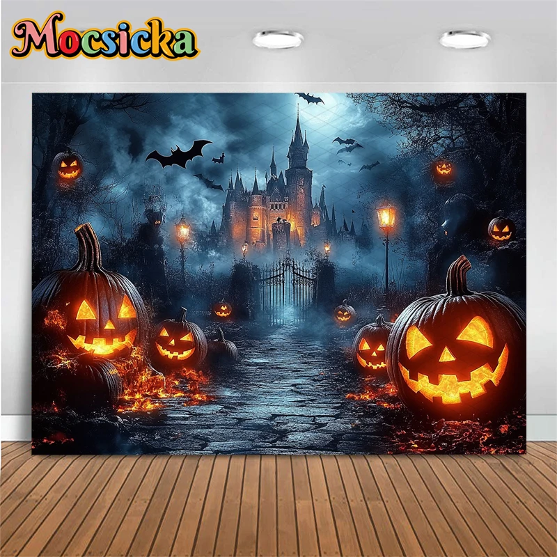 Tło fotograficzne Mocsicka Halloween, z motywem dyni Jack-O-Lantern, zamku, dyni, na imprezę, tło na noc strachu, księżyc, nietoperze, dekoracje, baner.