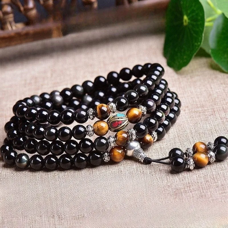 Black agate 108-bead Buddhist bracelet with Nepalese beads and tiger eye stone spacers, unisex style