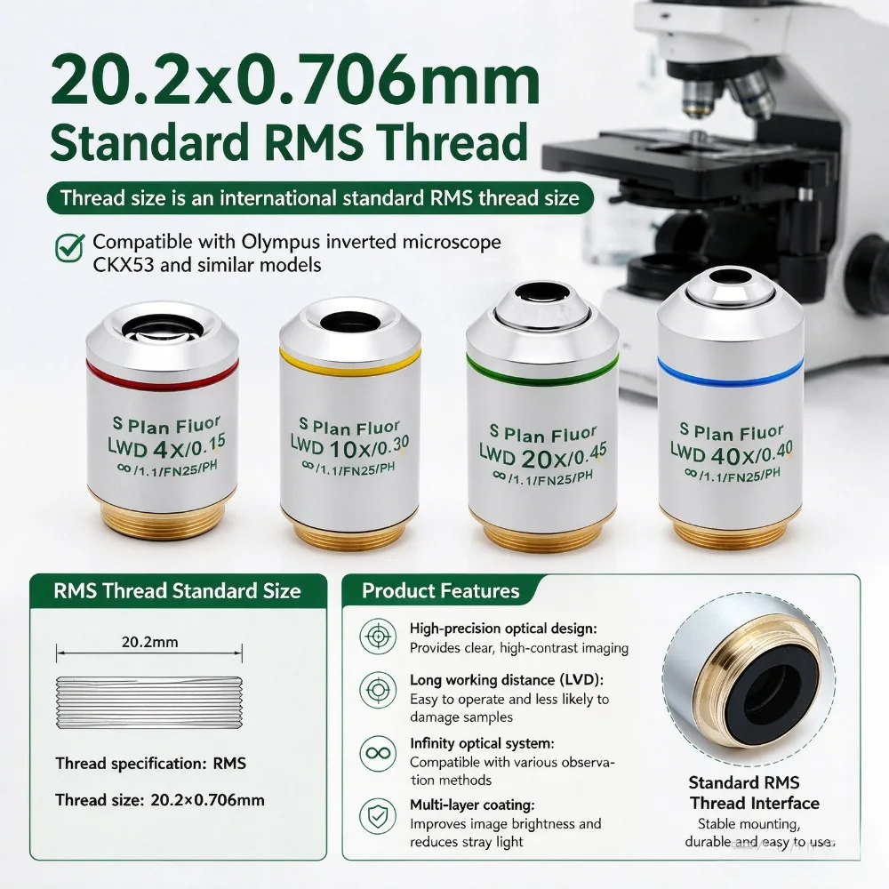4X10X20X40X Biological Semi-apochromatic Inverted Fluorescent S Plan Fluor LWD Phase Contrast Objective Compatible Olympus CKX53