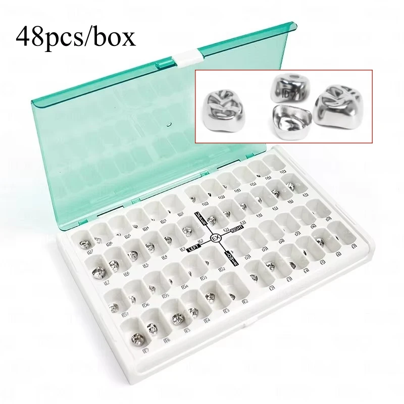 48Pcs/Box Dental Preformed Metal Crown Primary Molar Kid Crowns Stainless Steel Temporary Crowns Tooth Protection Dentistry Tool