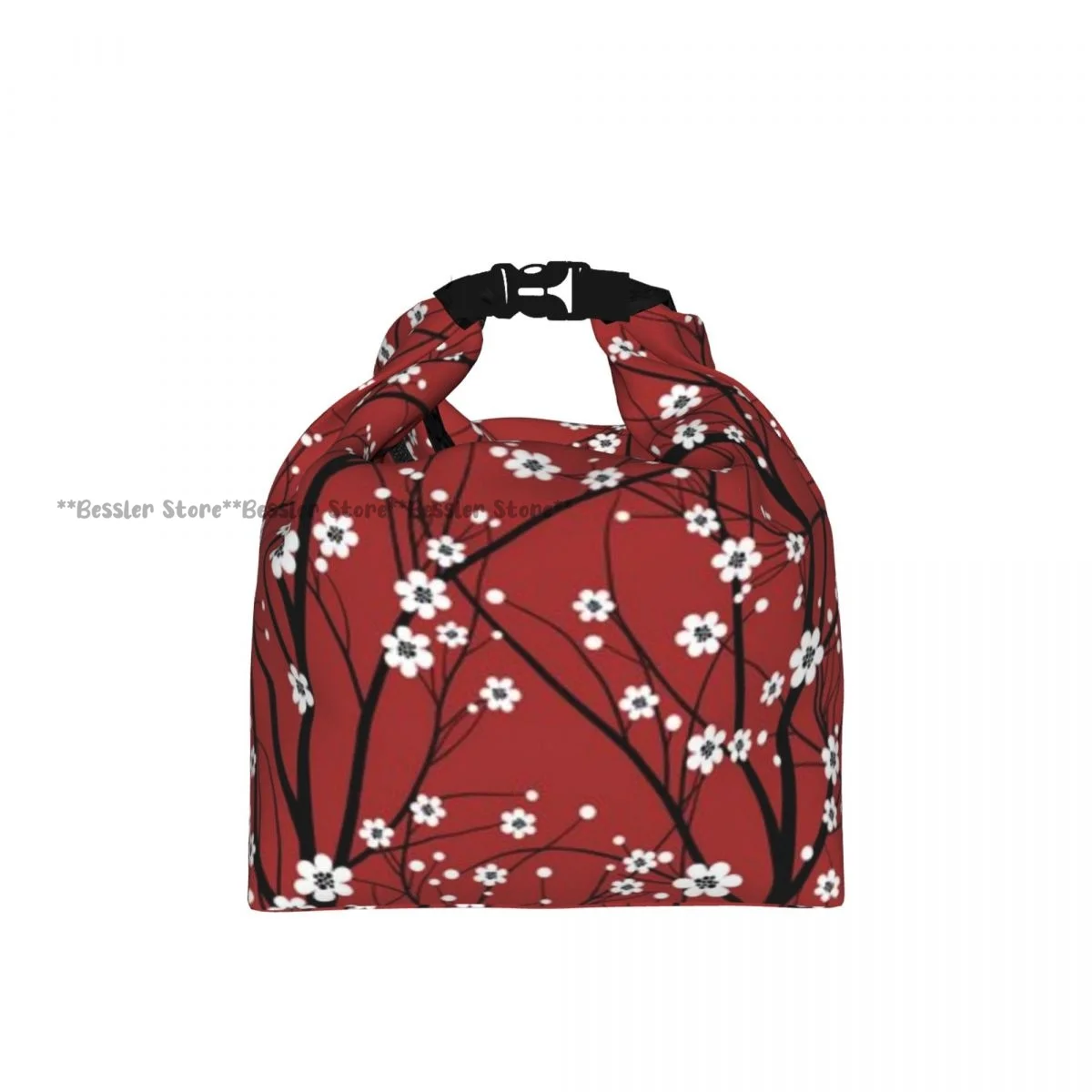 Roll Top Insulated Lunch Bag Cherry Tree Pattern Thermal Food Storage Bag Portable Bento Handbag for Daily Use