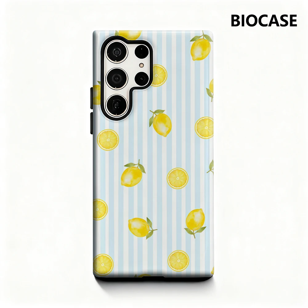 Handyhülle mit Zitronen- und blauen Streifen für Samsung Galaxy S25 Ultra S24 S23 Ultra Plus, glänzende doppellagige Rückseite