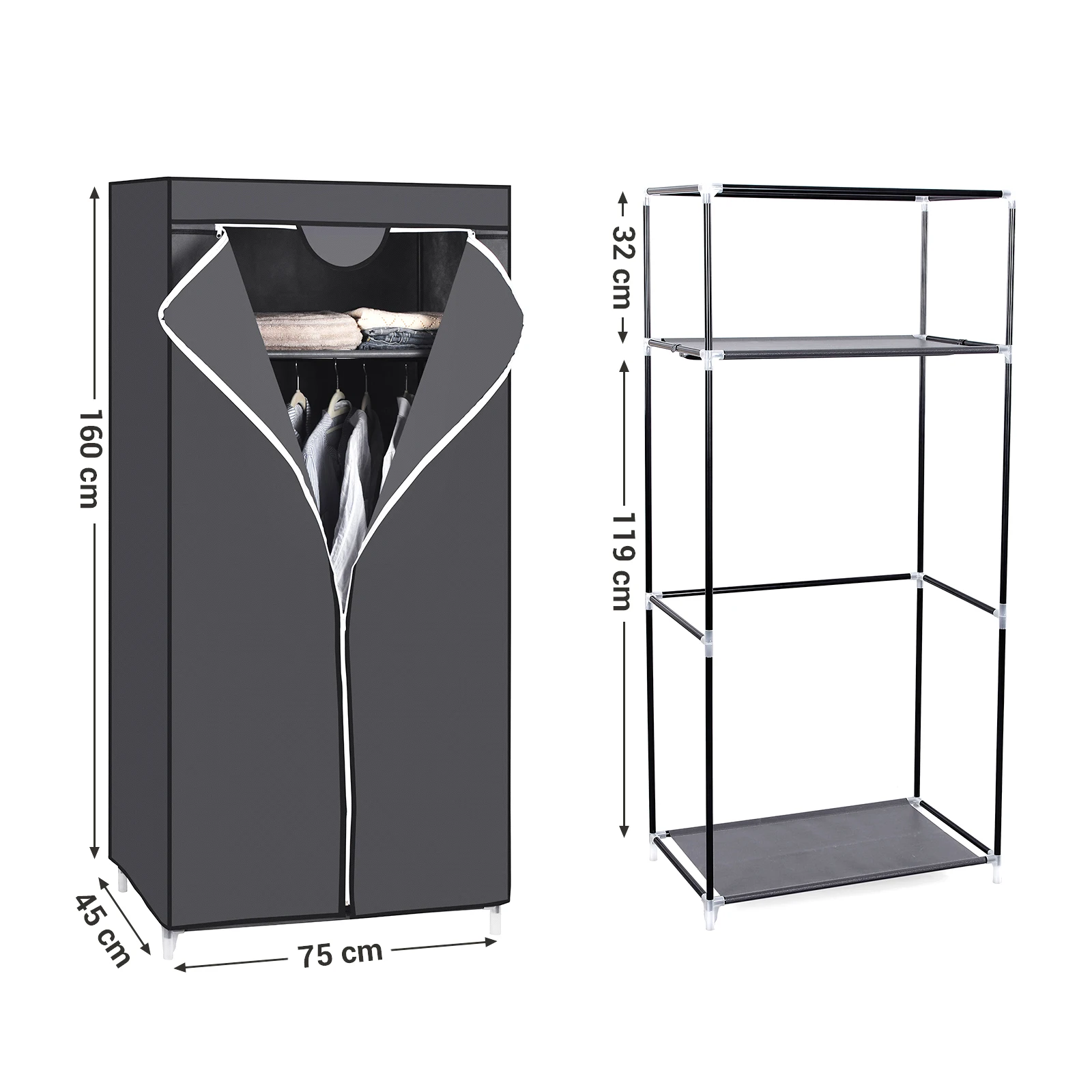 SONGMICS Folding Fabric Wardrobe: 75x45x160cm, Hanging Rail, Organiser for Toys, Shoes, Bags, Living Room, Bedroom, Cloakroom