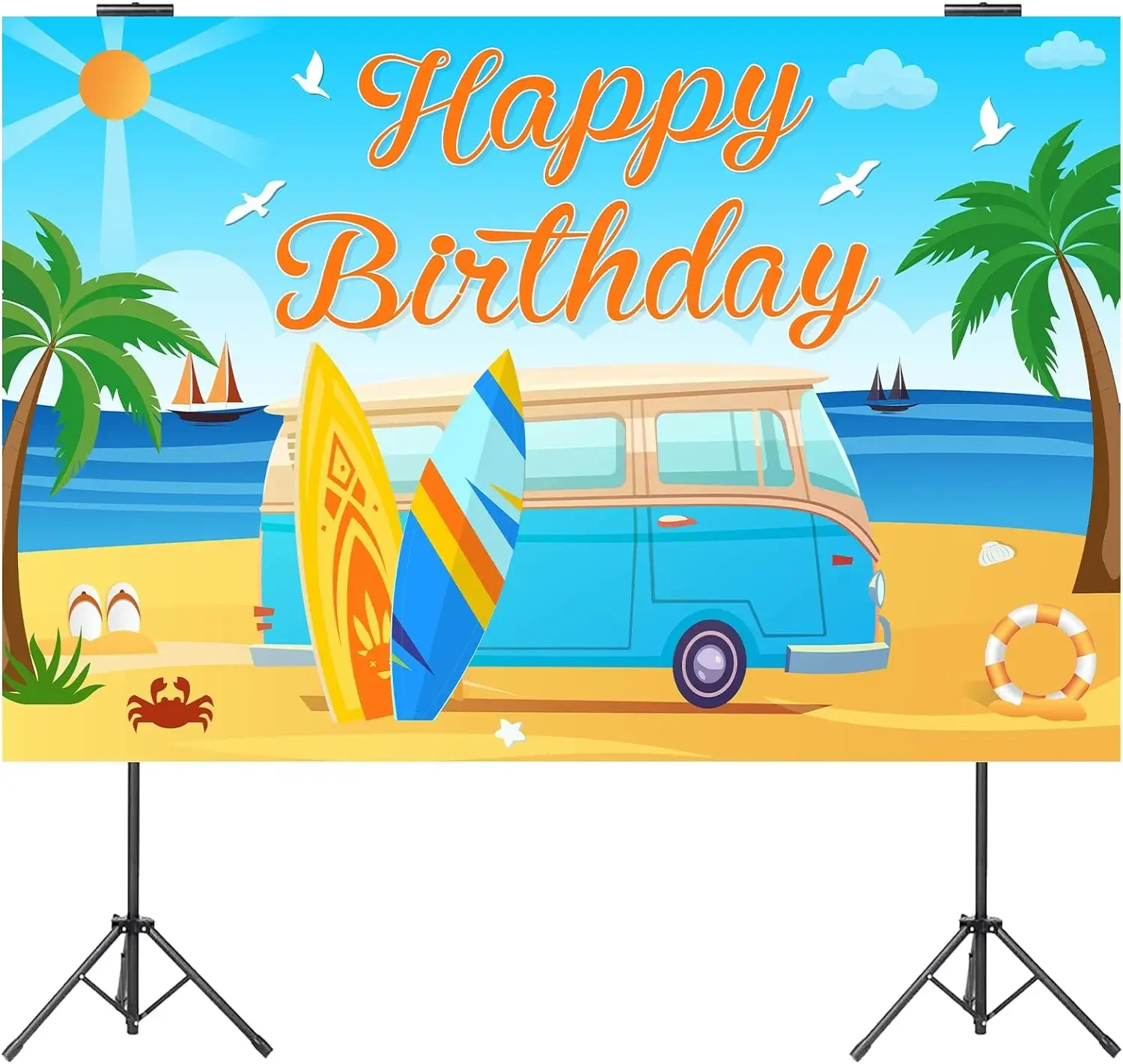 Surfing Happy Birthday Backdrop, Seaside Surfboard, Coconut Tree, Birthday Photography Background, Summer Beach Party Decor